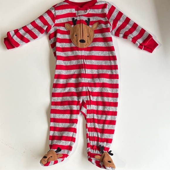 Carter's Other - Red and Gray Striped Footed Reindeer Kids One Piece size 6 months Christmas
